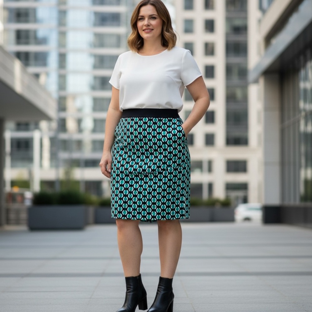 Worthington Womens Pencil Skirt Geometric Print Black Teal White‎ Size 8